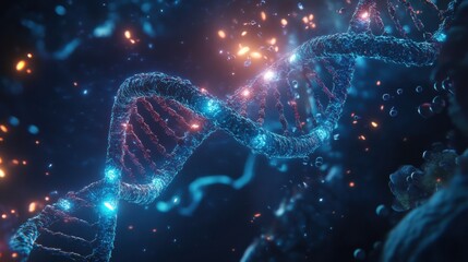 Illustration of a detailed DNA double helix showcasing glowing nucleotides and vibrant molecular particles in a cosmic background. Generative AI