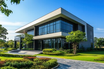 Modern office building with landscaped grounds.