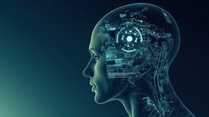 Digital representation of a human head with technological elements.