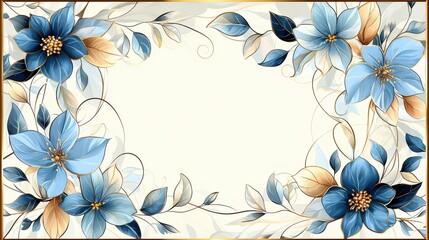 Obraz premium Elegant Floral Frame Design with Blue and Gold Accents, Perfect for Invitations, Greeting Cards, and Art Prints Featuring Delicate Leaves and Blossoms