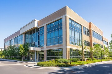 Obraz premium Modern office building with large windows and landscaping.