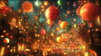 A vibrant night scene filled with colorful hot air balloons floating above a bustling town. The streets are illuminated by warm, glowing lights strung overhead and the buildings exude a charming archi