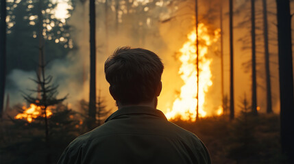 Fototapeta premium Forest ranger watching wildfire burning trees in the forest at dusk