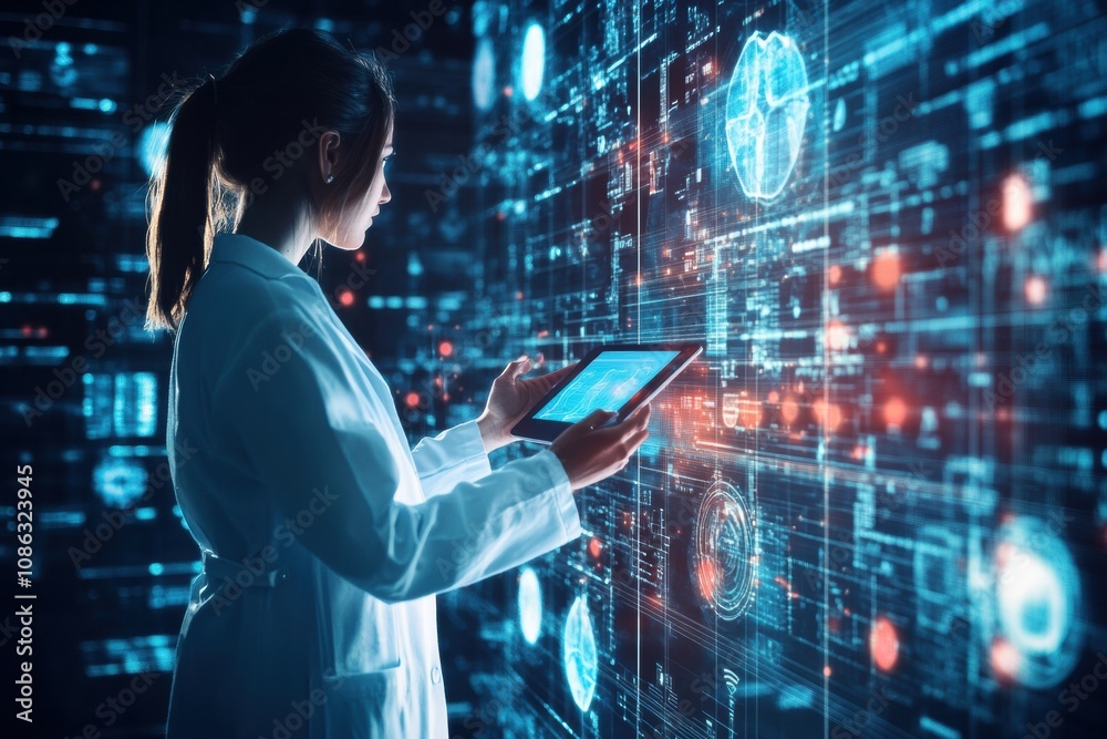 Poster a doctor in a white coat analyzes digital information on a tablet, engaged with a vibrant, high-tech