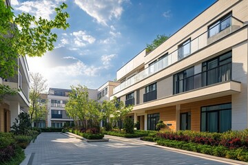 Modern townhouse complex with landscaped courtyard.