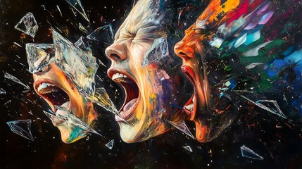 An abstract portrayal of a mind fractured into floating glass shards, an illustration of the mind of an auditory hallucinating person, mental health cocnept