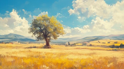 Obraz premium オリーブの木と広大な乾燥した草原の風景画9