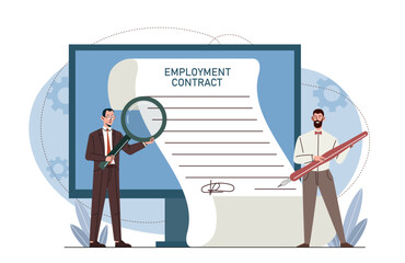 People with employment contract. Man with pen and magnifying glass signs contract on computer screen. Agreement and document. Flat vector illustration isolated on white background