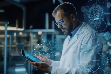 A doctor in a white coat focuses on analyzing data displayed on a tablet in a high-tech laboratory filled with equipment. Generative AI