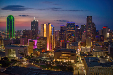 Aerial View of the Dallas, Texas Skyline illuminated at Night