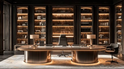 Stylish and Modern Office Interior Featuring Elegant Wooden Desk, Bookshelves, and Ambient Lighting in Luxurious Workplace Design, Perfect for Professional Settings