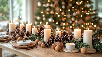 A Scandinavian-style Christmas dining table decorated with pinecones, white candles, and natural wood ornaments, with a large Christmas tree in the background covered in eco-friendly,