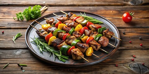 Grilled skewers on a rustic outdoor grill plate , BBQ, food, cooking, outdoor, barbecue, skewers, tasty, delicious, summer, picnic