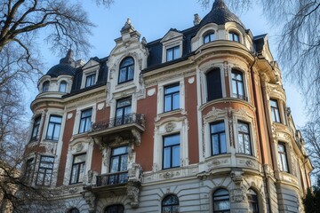 Fototapeta premium Ornate brick building with white trim, featuring arched windows and a balcony.