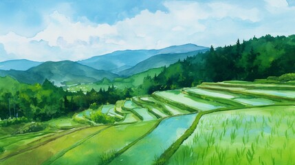 Fototapeta premium 水彩の背景に広がる美しい田んぼの風景2