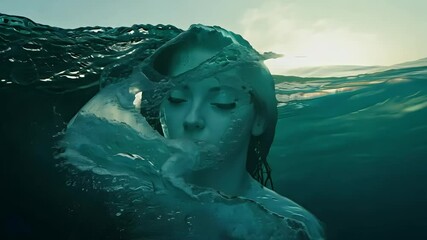 A woman's face emerges from ocean depths. The scene evokes serenity and mystery.