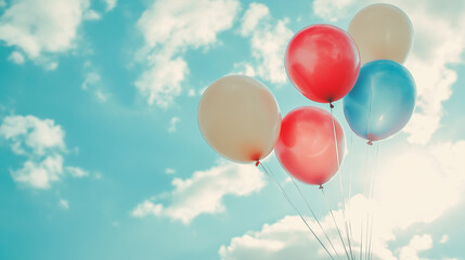 Balloons of red white and blue colors float smoothly in the sky