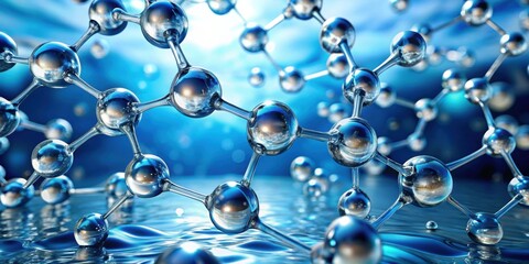 Molecular structure with water droplets symbolizing purity and cleanliness , science, chemistry, biology, healthcare