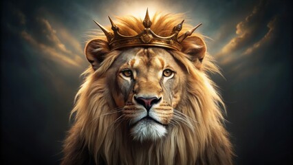 Fototapeta premium Lion wearing a majestic crown with a Christian theme , lion, crown, Christianity, concept art, regal, majestic, faith