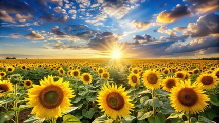 Fototapeta premium Majestic sunflower field under a sunny sky, sunflowers, field, agriculture, summer, vibrant, yellow, beauty, nature, rural