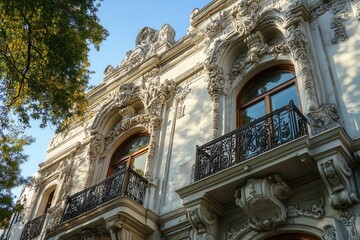 Ornate facade of a historic building with balconies and intricate details.