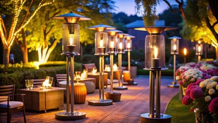 Elegant outdoor event with glowing patio heaters during a nighttime gathering in a garden setting, outdoor, event