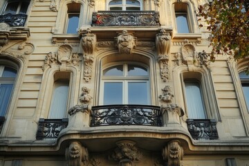 Ornate facade of a historic building with intricate details and a wrought iron balcony.