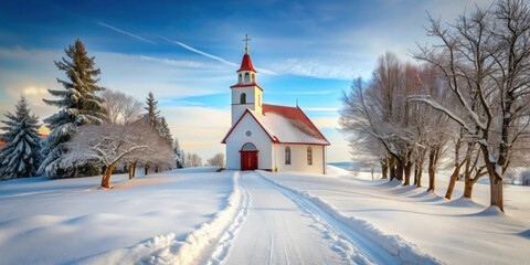 Snowy path leading to large church with red roof, winter, snow, path, church, red roof, seasonal, cold, snowy