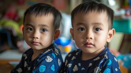 Close-up Portrait of Two Adorable Twin Children.  A heartwarming image of two precious children.  Capturing their innocence and beauty, this portrait is a testament to the joy of childhood.