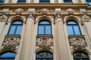Obraz premium Ornate facade of an old building with arched windows and columns.