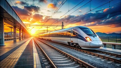 Fototapeta premium High speed train on railway platform at sunset , high speed, train, motion, railway station, modern, passenger, transportation