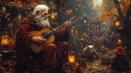The image depicts an elderly man with a long white beard, clad in a flowing red robe, seated on a rustic wooden chair while playing an acoustic guitar. He is surrounded by a vibrant and whimsical fore