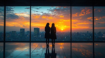 Silhouetted Figures of Two Women Against a Vibrant Sunset Over a City Skyline Viewed from a Modern Office Building with Glossy Floor and Panoramic Windows