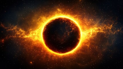 Obraz premium A dramatic cosmic scene depicting a solar eclipse with a fiery aura, showcasing vibrant colors and swirling celestial elements against a dark backdrop.