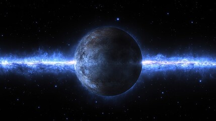 Naklejka premium A distant planet surrounded by a vibrant cosmic energy field, set against a dark, starry backdrop, highlighting the beauty of the universe.