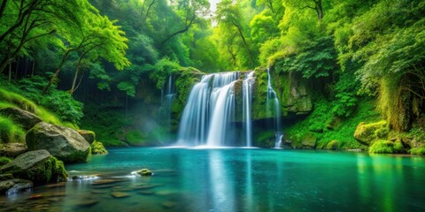 Lush green forest with a serene waterfall cascading into a tranquil pool, nature, landscape, forest, waterfall, cascading