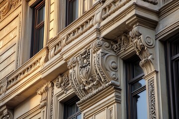 Obraz premium Ornate stonework and windows on an old building.
