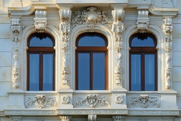 Obraz premium Ornate windows with stone carvings on a building facade.