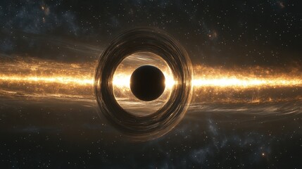 A stunning cosmic scene featuring a black hole surrounded by a bright accretion disk, illustrating the wonders of space and astrophysics.