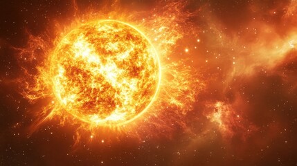 A vibrant depiction of the sun, radiating intense heat and light against a cosmic backdrop, showcasing solar flares and a vivid orange-yellow hue.