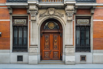 Ornate wooden door with arched entrance and decorative details on a historic building.