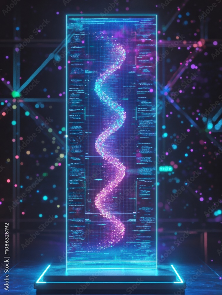 Leinwandbilder a vibrant display shows a glowing dna helix swirling with particles in a modern lab, emphasizing the