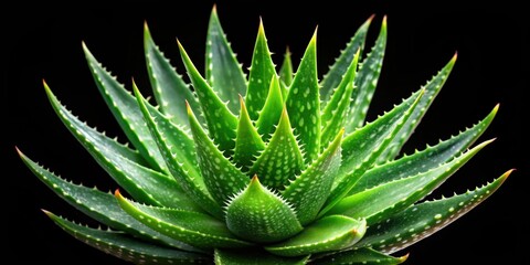 Fototapeta premium Aloe Vera plant with vibrant green leaves isolated on a black background, Aloe Vera, plant, succulent, green