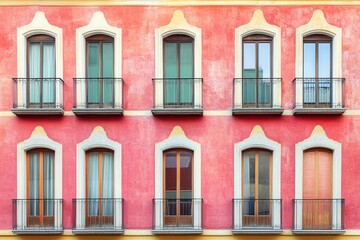 Fototapeta premium Pink building facade with eight windows and balconies.
