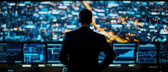 A business professional analyzes data from multiple screens displaying complex information in a high-tech environment.