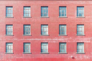 Fototapeta premium Red brick wall with 15 windows in a grid pattern.
