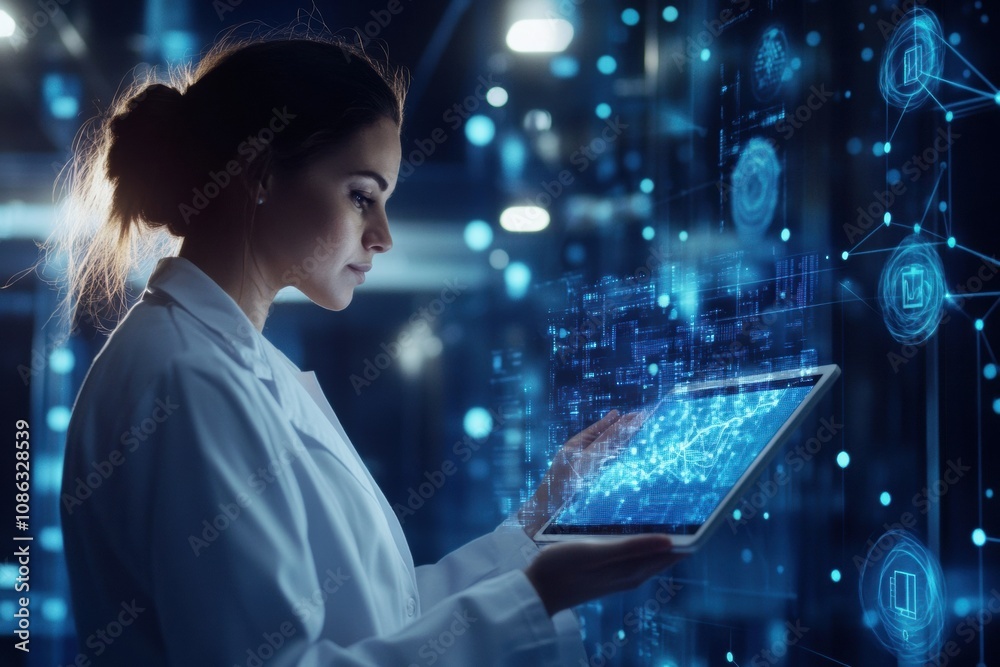 Fototapete A doctor in a white coat focuses on a tablet displaying complex data while conducting research in a high-tech lab environment. Generative AI