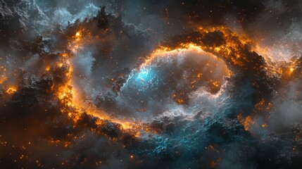 Fototapeta premium A vibrant cosmic scene featuring swirling colors of blue, orange, and black, representing a nebula or galaxy in deep space.