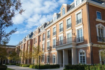 Obraz premium Row of brick townhouses with balconies and a walkway in front.