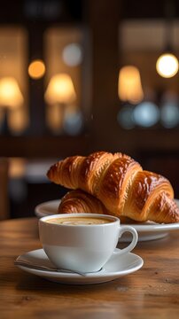 A cafe table with a coffee cup and a croissant, photographed in warm, soft lighting for a cozy feel anime style